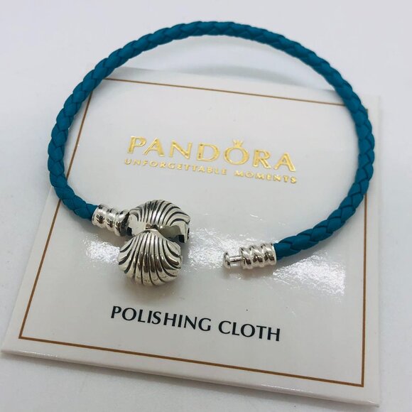 🌞📖Pandora Moments Seashell Clasp Turquoise Braided Leather Bracelet - Picture 4 of 5